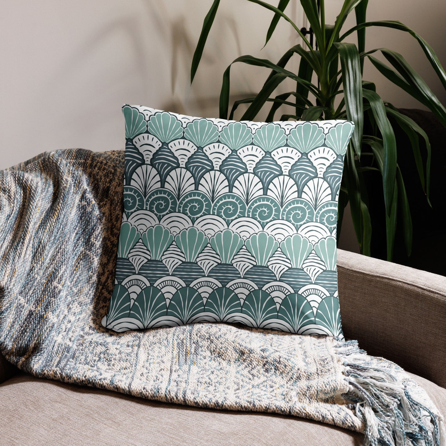 Blue Seashell Pattern Throw Pillow
