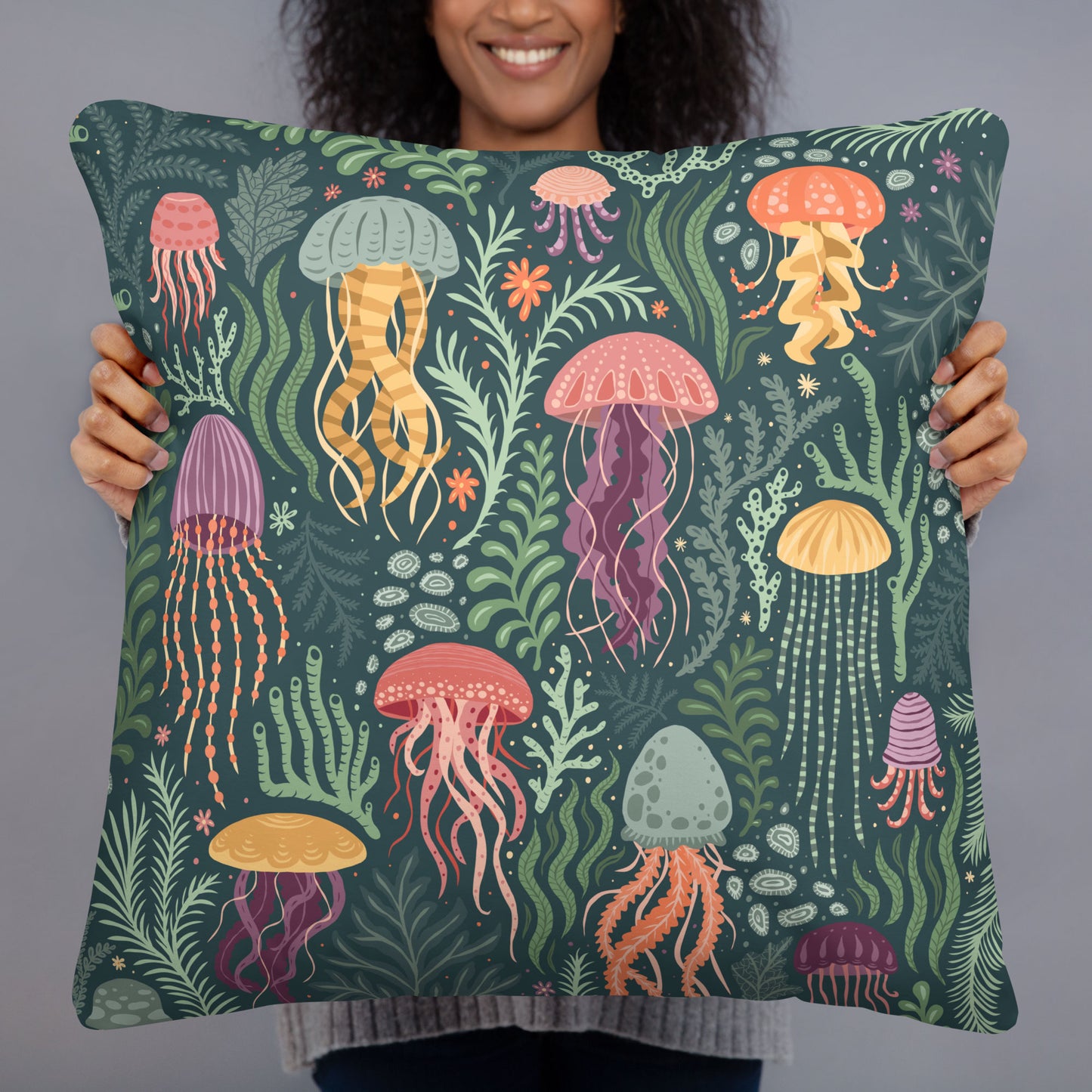 Jellyfish in the Seaweed Throw Pillow