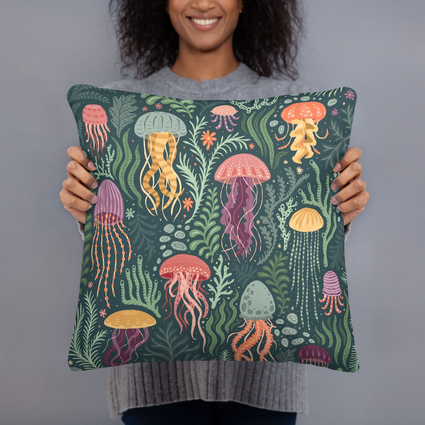 Jellyfish in the Seaweed Throw Pillow