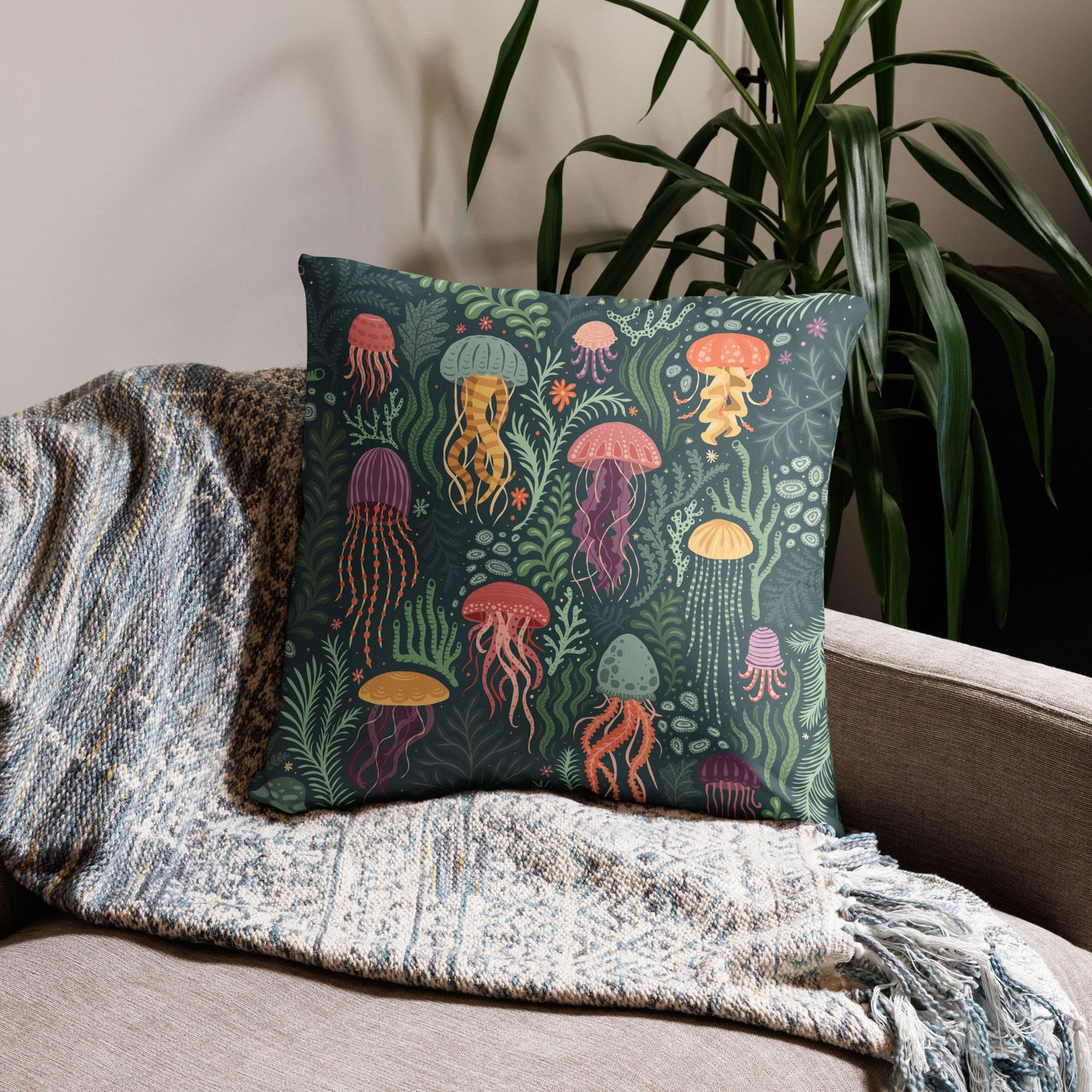Jellyfish in the Seaweed Throw Pillow