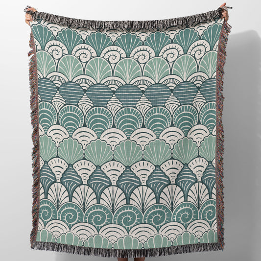 Blue Seashell Pattern Woven Blanket